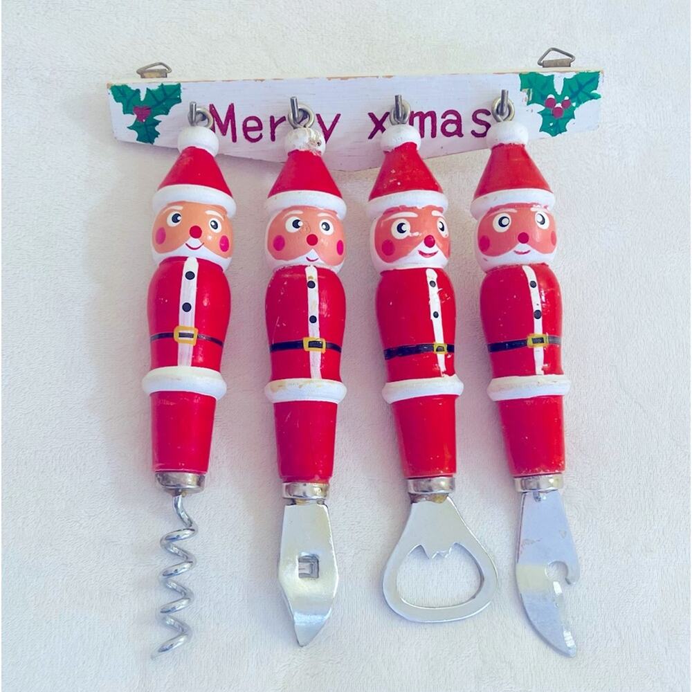 Vtg Handcrafted Painted Santa 5 Pc Utility Bar Set Christmas Barware Novelty